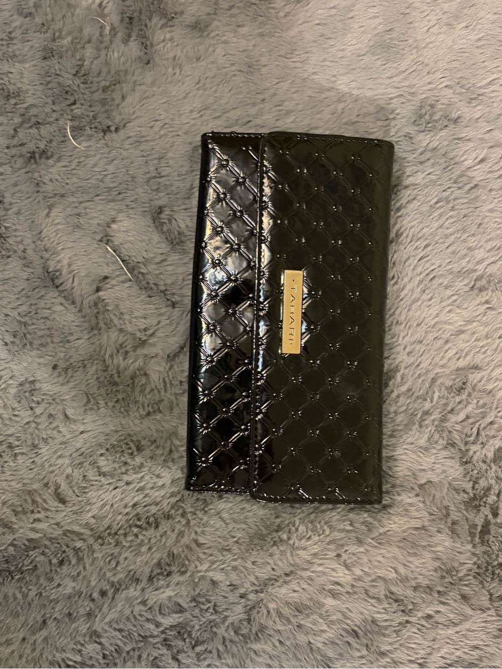 Tahari Black Quilted Patent Tote with Gold Logo Plaque